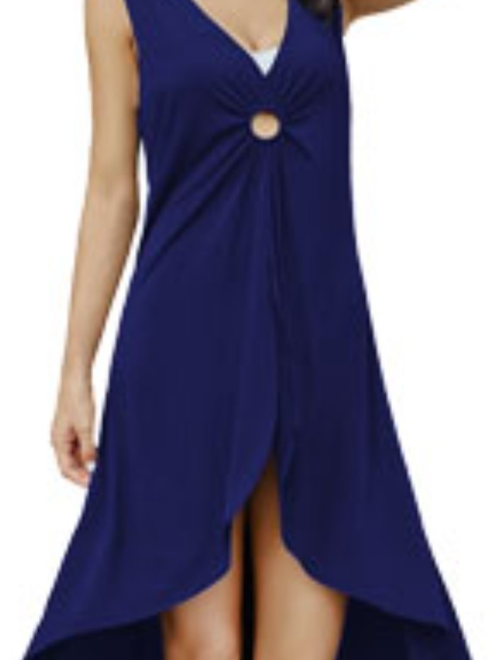 Sleeveless Deep Blue High-Low Dress with Front Ring Detail  Can Fit A Medium